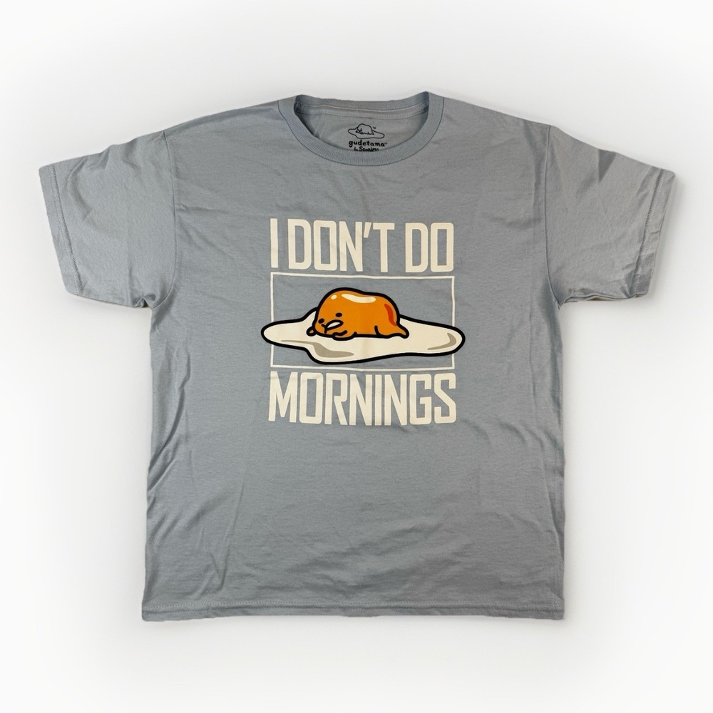 Gudetama I Don't Do Mornings T Shirt Womens L Baby Blue Sanrio Lazy Egg Japanese